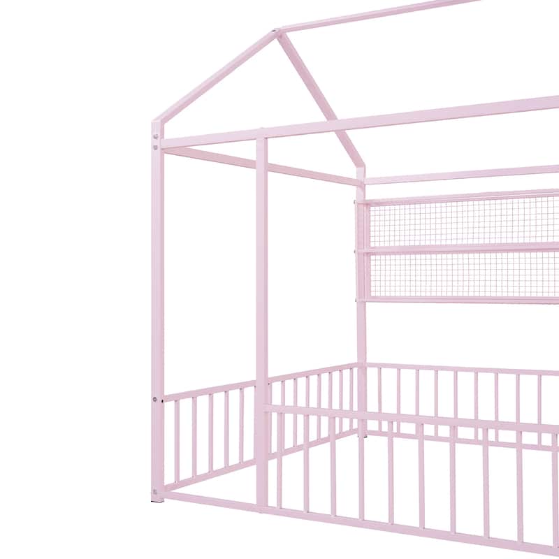 Metal House Bed Frame Kids Montessori Bed Floor Bed with Fence and Shelves for Kids Girls Boys