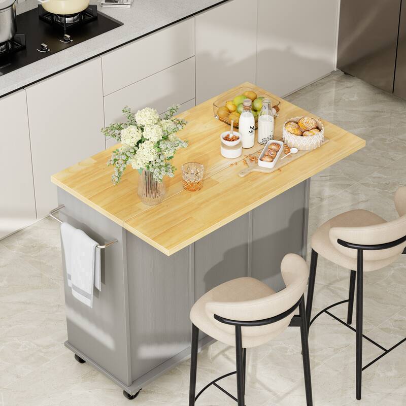 Rolling Kitchen Island Cart with Open Shelf & Drop Countertop - N/A