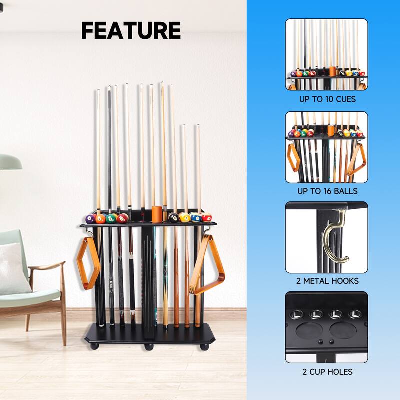 GSE™ 10-Pool Cue Wooden Billiard Pool Cue Rack. Floor Stand Pool Cue Stick Holder