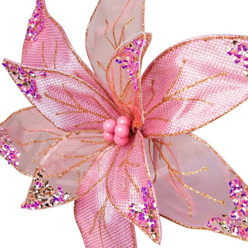 Glitter and Sequin Poinsettia Clip-on Christmas Ornament - 11.5" - Pink and Gold