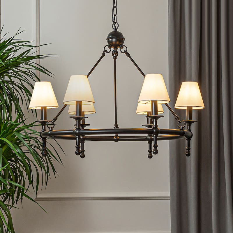 6-Light Classic Chandelier Pendant Fixture with White Shades for Elegant Interior Lighting - W33.5'' - Matte Black