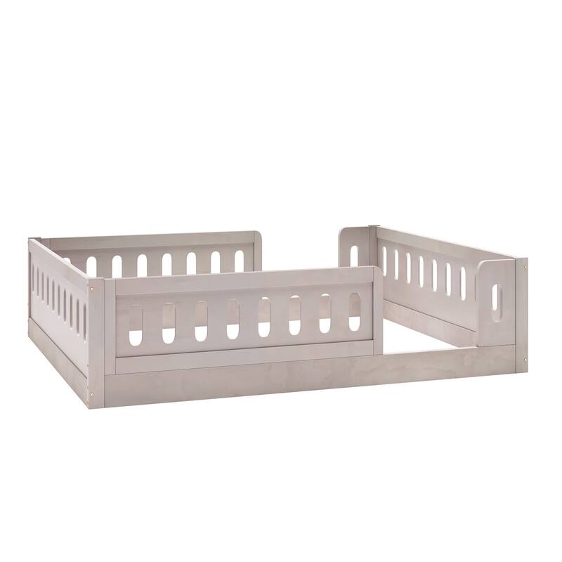Kids Wood Floor Bed with Semi-Enclosed Guardrail and No-Slat Design