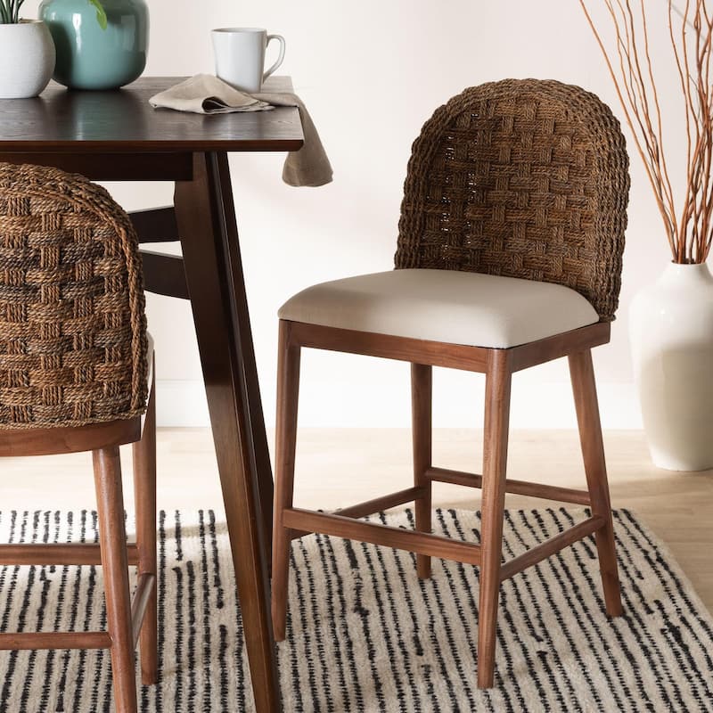 bali & pari Denver Modern Bohemian Walnut Brown Finished Acacia Wood and Seagrass Counter Stool