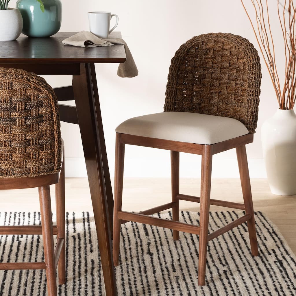 bali & pari Denver Modern Bohemian Walnut Brown Finished Acacia Wood and Seagrass Counter Stool