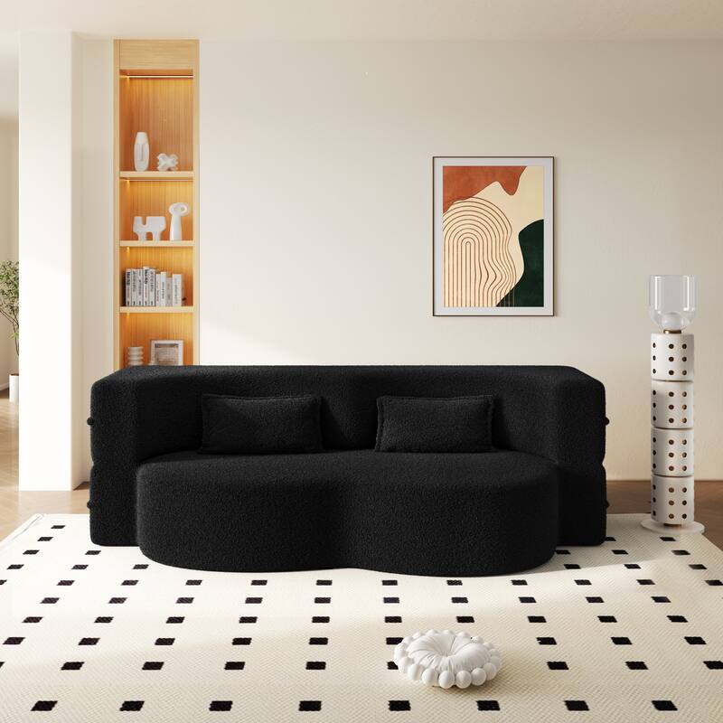 Convertible Floor Sofa with Teddy Fabric, Twin Mattress & No Assembly