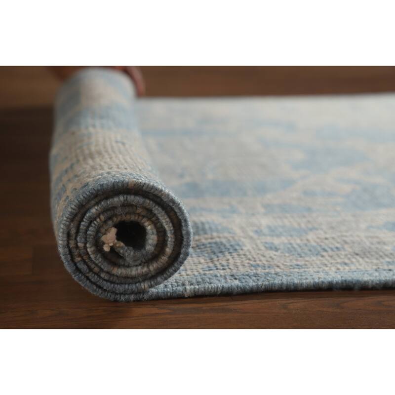 Hand Knotted Oriental 100% Wool Carpet Transitional Geometric Navy Blue & Blues Oushak Runner Rug - 15' 11'' X 3' 4''