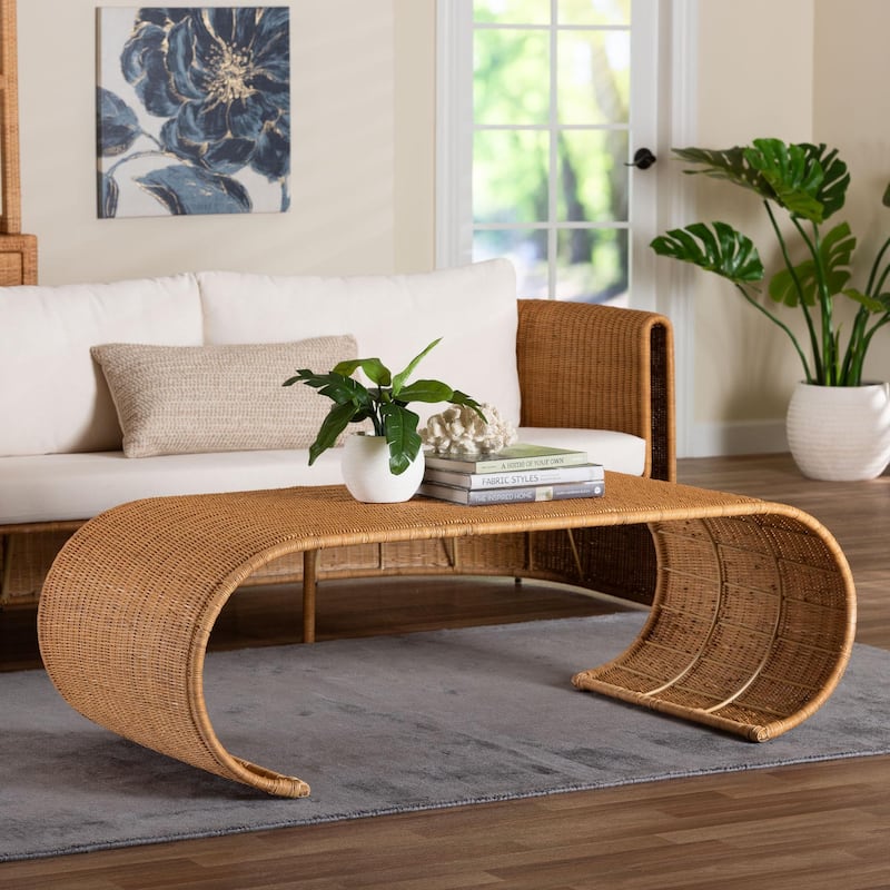 Palm Waterfall Natural Rattan Coffee Table - Handwoven Wicker Centerpiece with Curved Silhouette, Boho Coastal Style