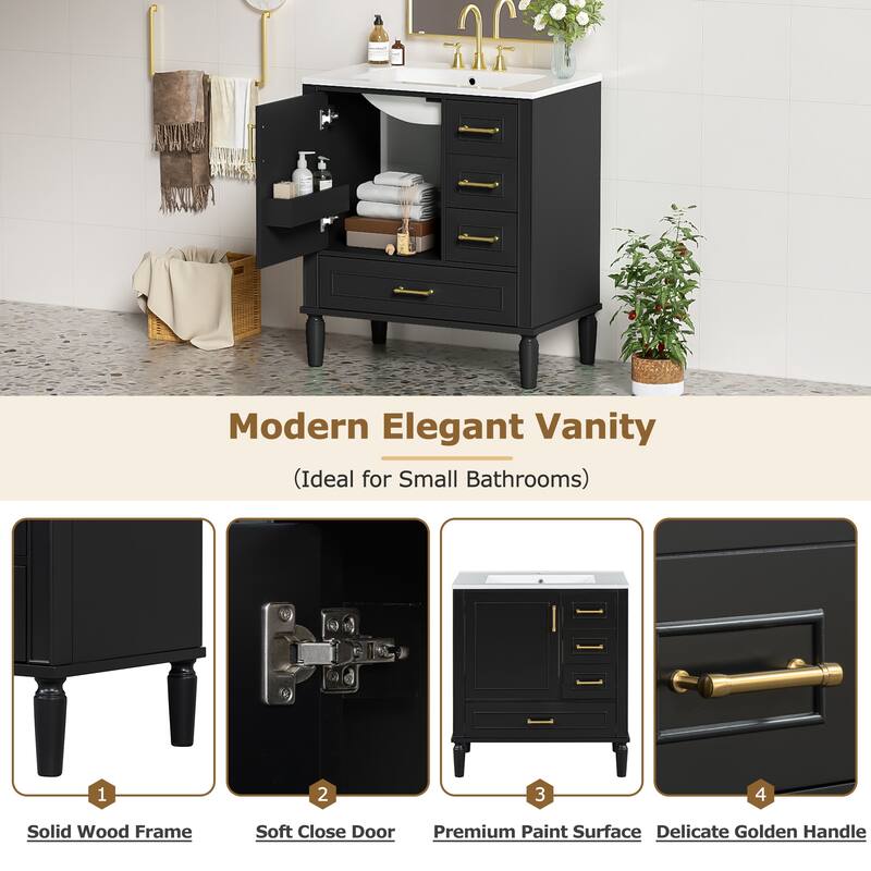 30" Bathroom Vanity with Ceramic Sink Combo, Soft-Close Door Bathroom Storage Cabinet with 3 Drawers