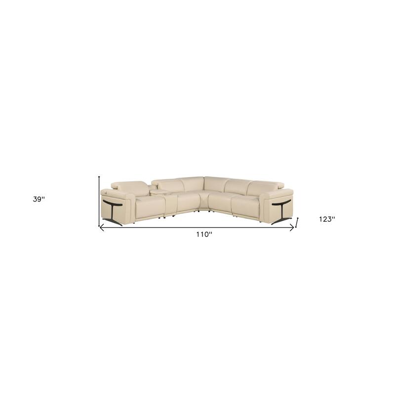 HomeRoots Beige Italian Leather Modular L Shaped Six Piece Corner Sectional With Console