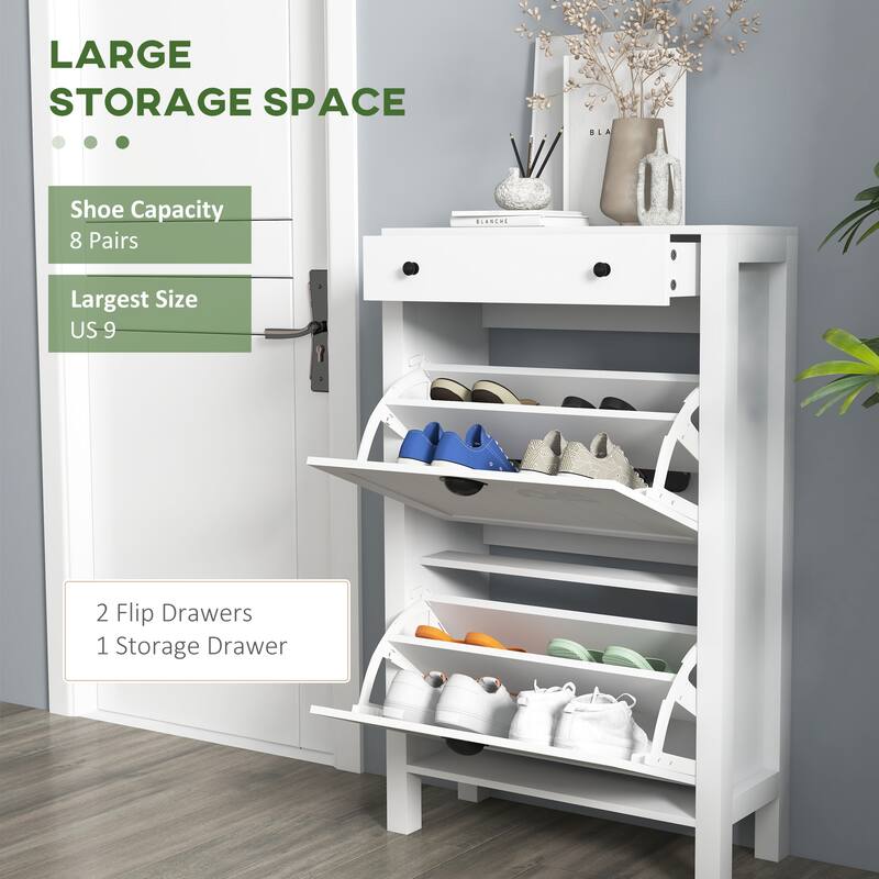 White MDF Shoe Cabinet with Adjustable Shelves Drawer and Anti Tipping Design for Space Saving Storage - 23.5" x 9.5" x 38.25"