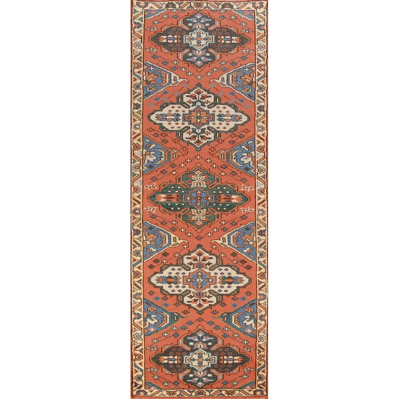 Hand Knotted Oriental 100% Wool Carpet Traditional Geometric Oranges & Rust Kazak Runner Rug - 9' 10'' X 2' 7''
