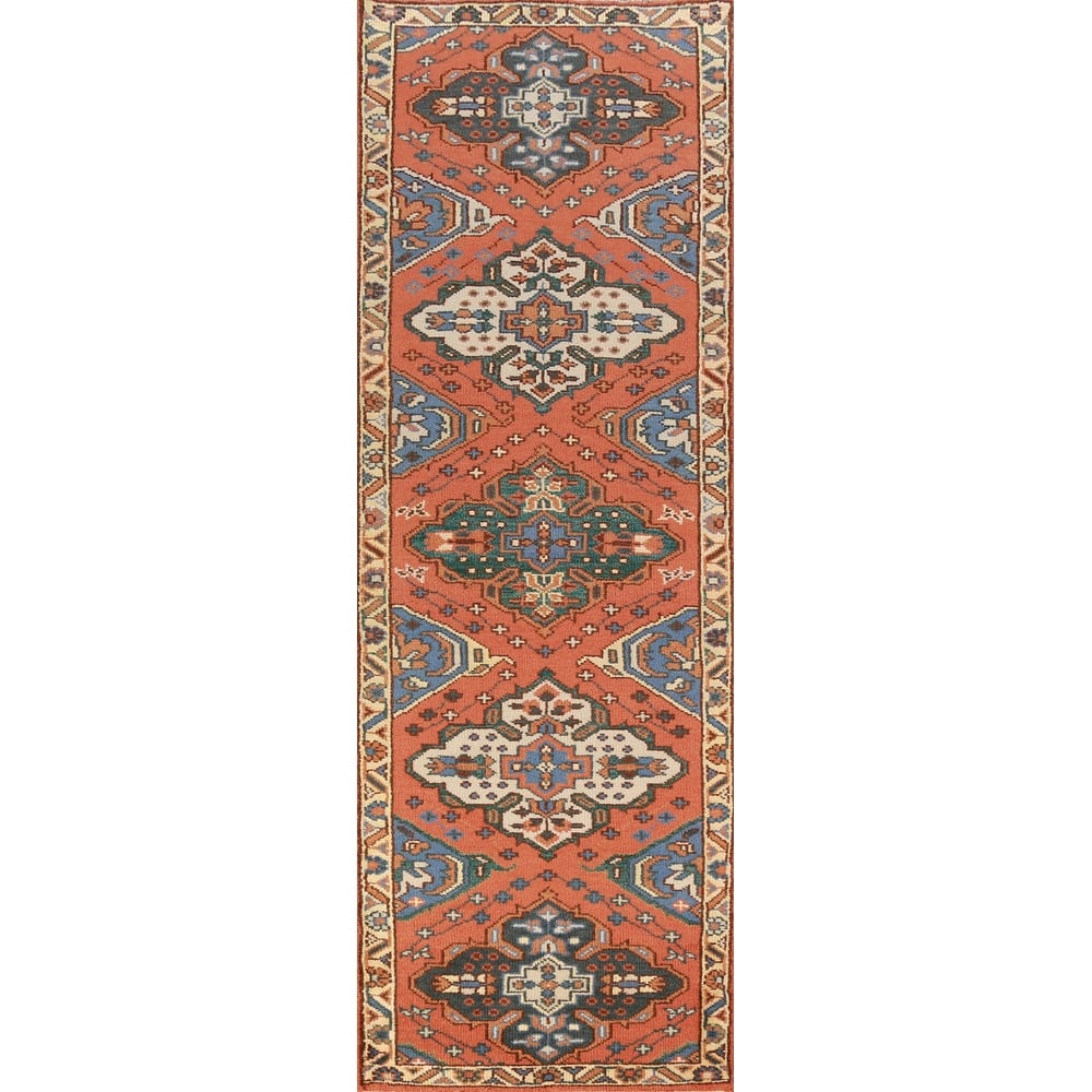 Hand Knotted Oriental 100% Wool Carpet Traditional Geometric Oranges & Rust Kazak Runner Rug - 9' 10'' X 2' 7''