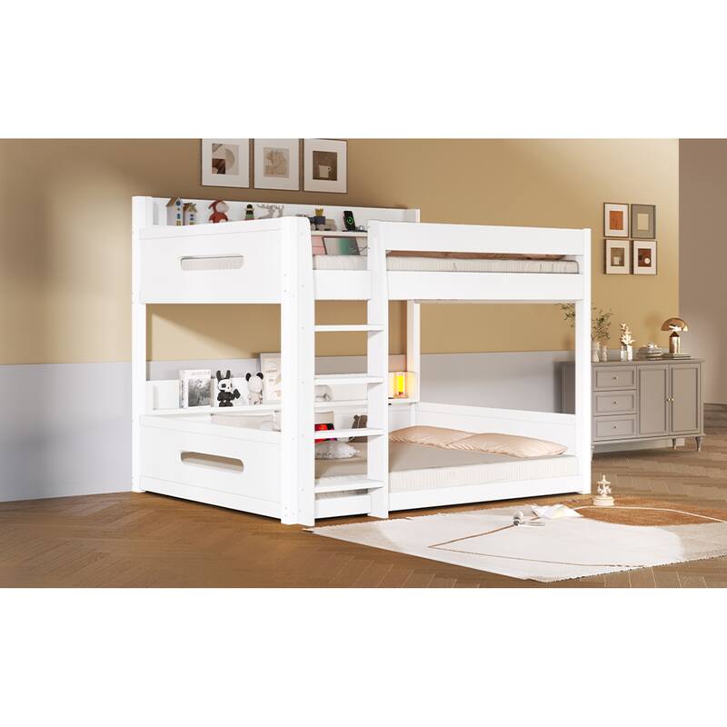Roomfitters Queen Over Queen Bunk Bed with Storage Shelves and USB Ports