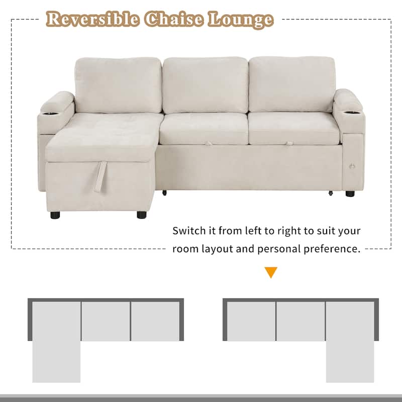 L-Shaped Convertible Sofa Bed with Reversible Chaise Lounge, Chenille Fabric Sectional Sofa with 2 Cup Holders & 2 USB Ports