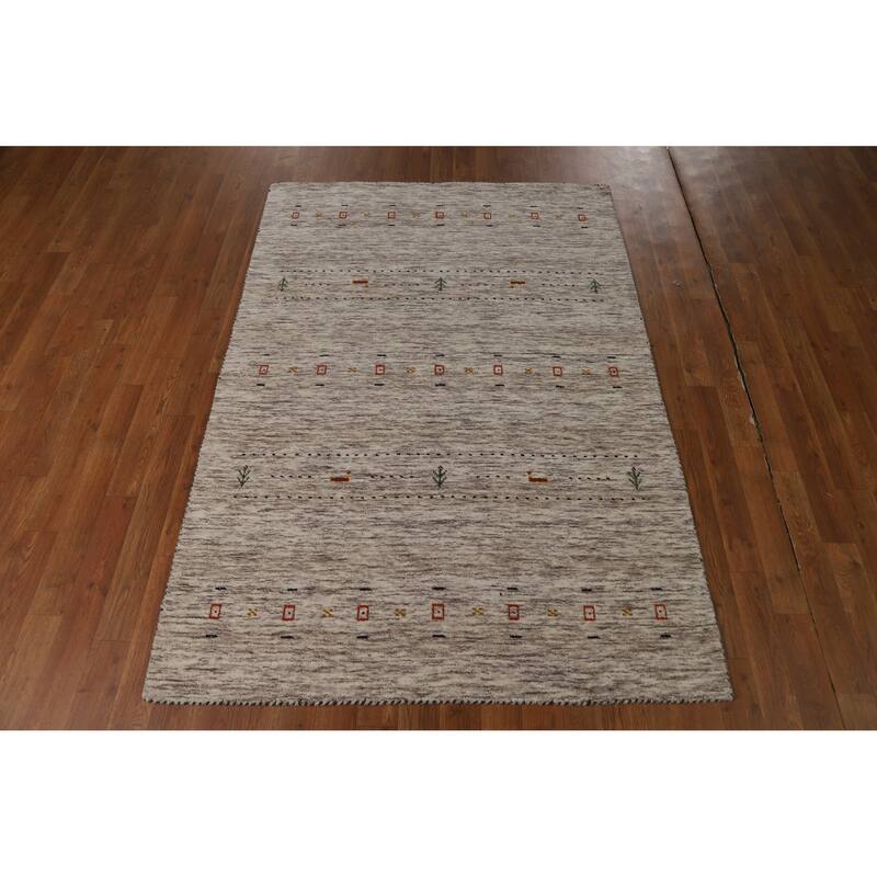 Hand Knotted Oriental 100% Wool Carpet Tribal Animal Pictorial Beige & Ivories Gabbeh Area Rug - 5' 9'' X 4' 0''