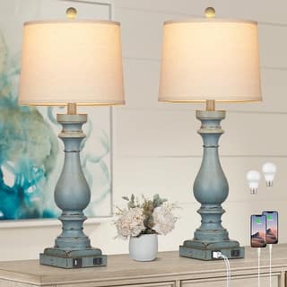 Dimmable Touch Control Table Lamps with USB & Type-C Ports, Gray-White Resin (Set of 2) - 12.5'' x 12.5'' x 28.5'' (L x W x H)