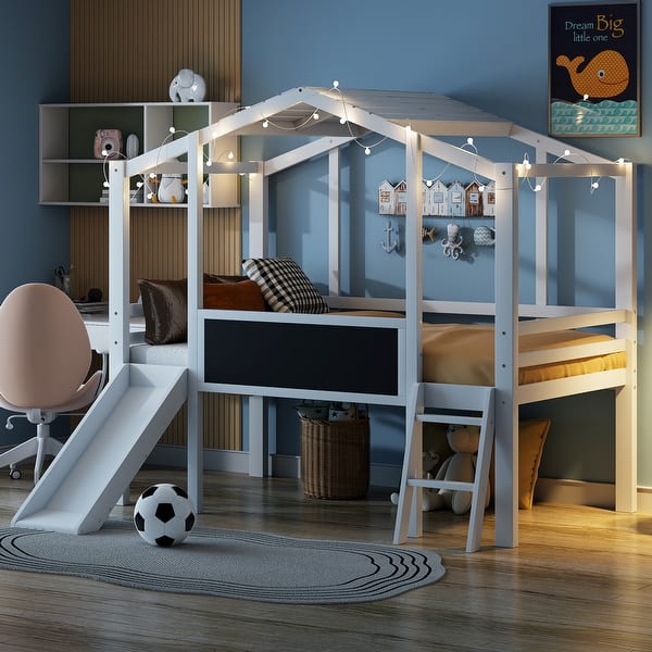 slide 2 of 37, Twin Size House Loft Bed with Ladder and Slide, Blackboard White