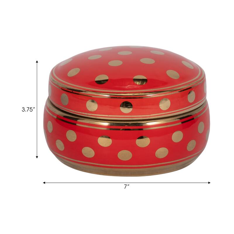 Sagebrook Home 13448-07 Ceramic Covered Dotted Jar, Red/Gold Ceramic, 7 X 7 X 3.75 Inches - 7" x 7" x 3.75"