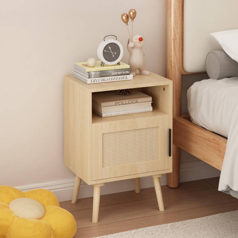 Rattan Nightstand, Side Table With Door Open Shelf, Accent Bedside End Table With Solid Wood Legs