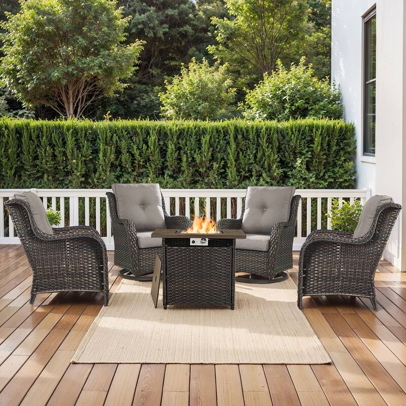 Fire Pit Table with 2 Swivel Chairs 2 Patio Chairs Brown-Grey - Brown - Brown - Grey