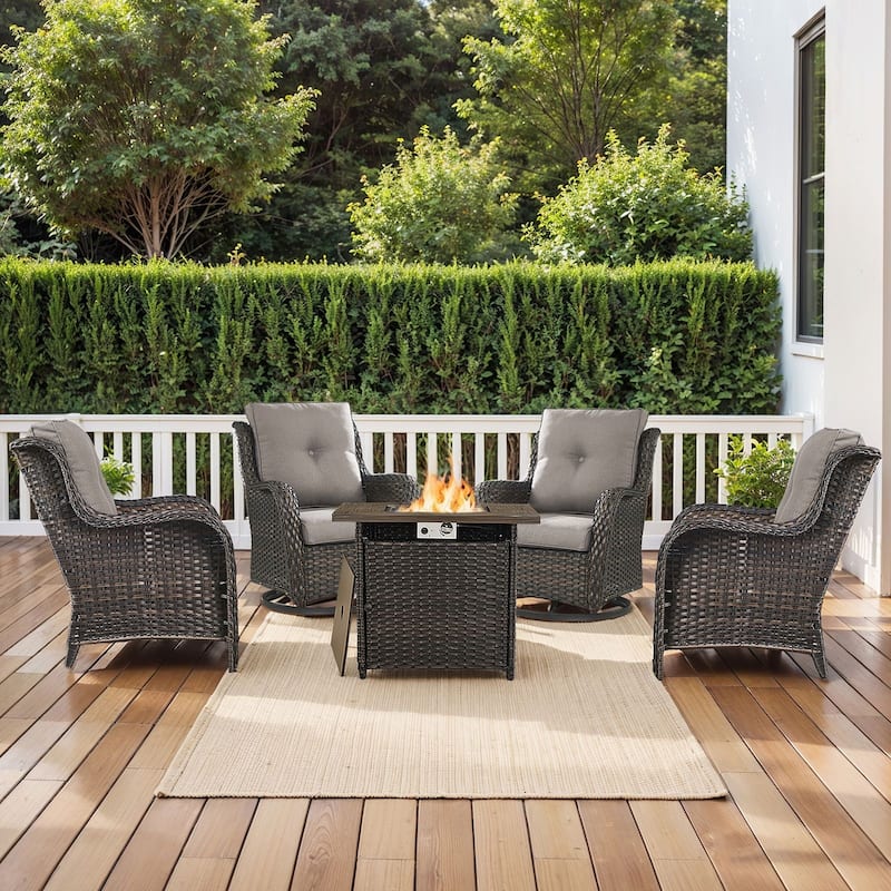 Gymojoy 5-Piece Outdoor Furniture Conversation Set, 2 Swivel Chairs, 2 Patio Chairs & 55K BTU Fire Pit Table - Brown Wicker / Grey Cusion - 5-Piece