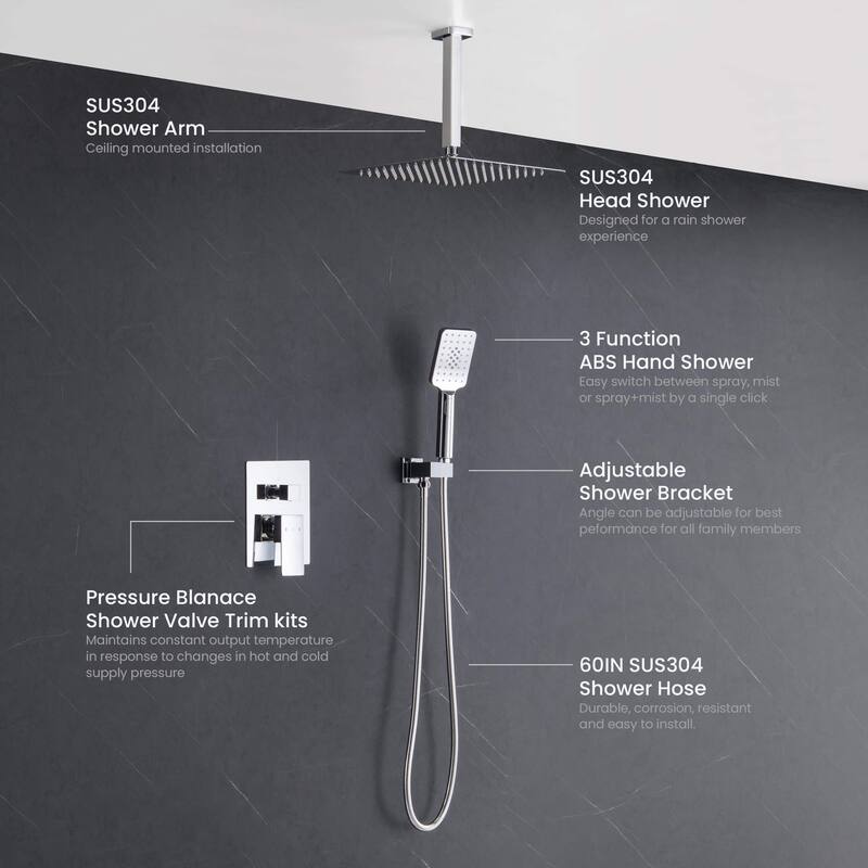 Pressure Balanced Ceiling Mounted 3-Function Shower System with Rough In Valve