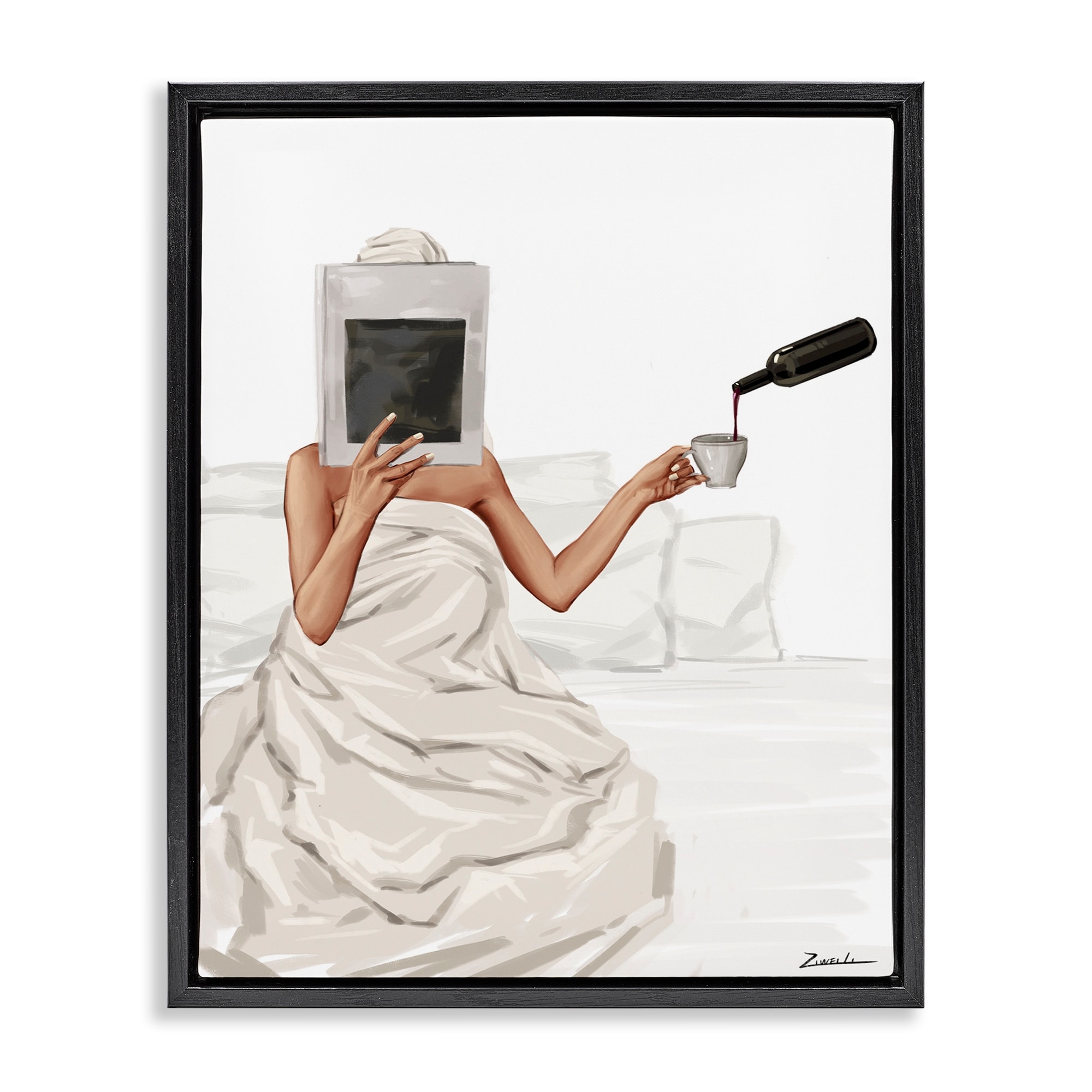 Stupell Cozy in Bed with Drink Framed Floater Canvas Wall Art Design By Ziwei Li