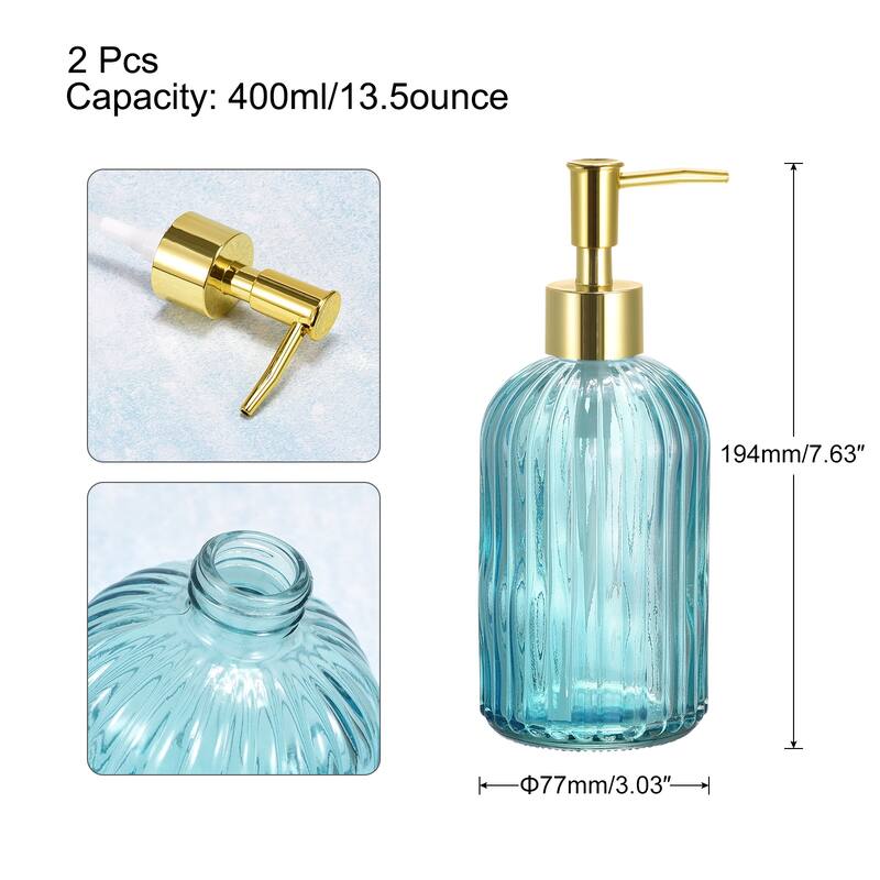 Soap Dispensers Set - 2 Pack 13.5Oz Glass Dish Hand Soap Dispenser with Golden Pump for Kitchen Bathroom - Blue