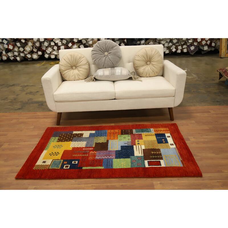Hand Knotted Oriental 100% Wool Carpet Modern Geometric Multi-Colored Gabbeh Area Rug - 5' 1'' X 3' 0''