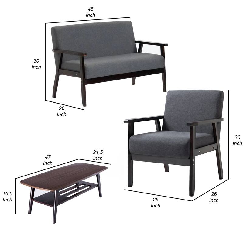 Gala 4 Piece Coffee Table, Loveseat, 2 Chair Set, Dark Brown, Gray Fabric