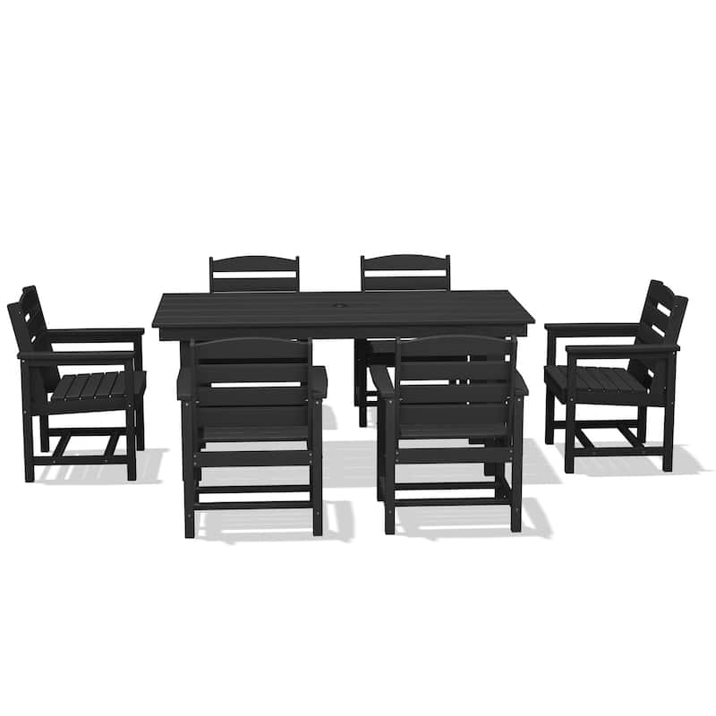 7-Piece HDPE Outdoor Dining Table Sets with Umbrella Hole - 1-Table 6-Chairs