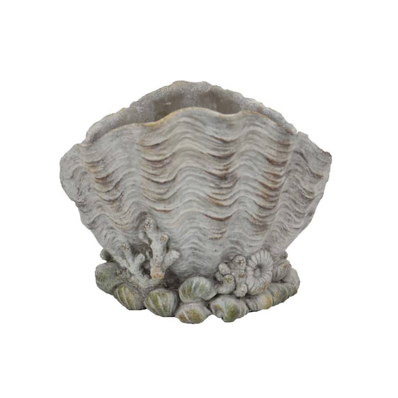 Coastal Clam Shell Planter w Coral Accents, Weathered Gray Terracotta