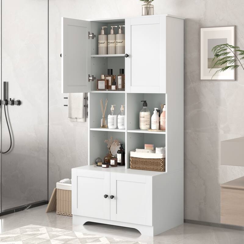 GDFStudio - Carter Tall and Wide Freestanding Storage Cabinet with 4 Doors and Adjustable Shelves, MDF - White