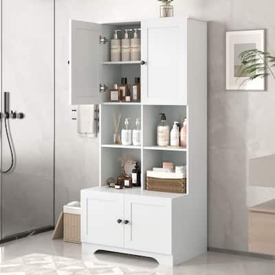 Large Bathroom Floor Standing Storage Cabinet with Open Level Shelves Bathroom Storage Units, 4 Doors Freestanding Cabinet