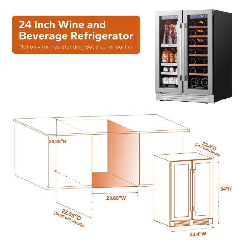 Ca'Lefort 24 inch 20 Bottle/ 60 Can Beverage Wine Cooler Dual Zone French Door Fridge