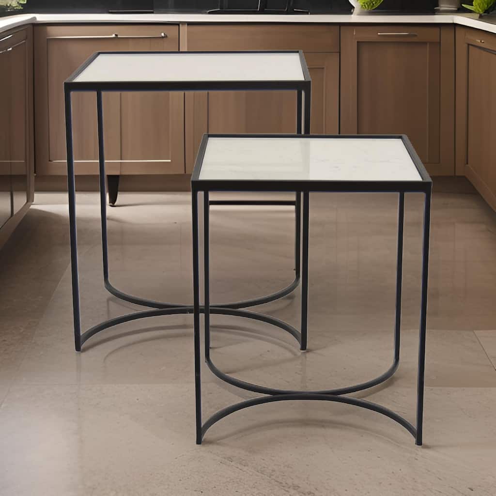 24 Inch Plant Stands Set of 2, White Marble Top, Minimalist Black Frame