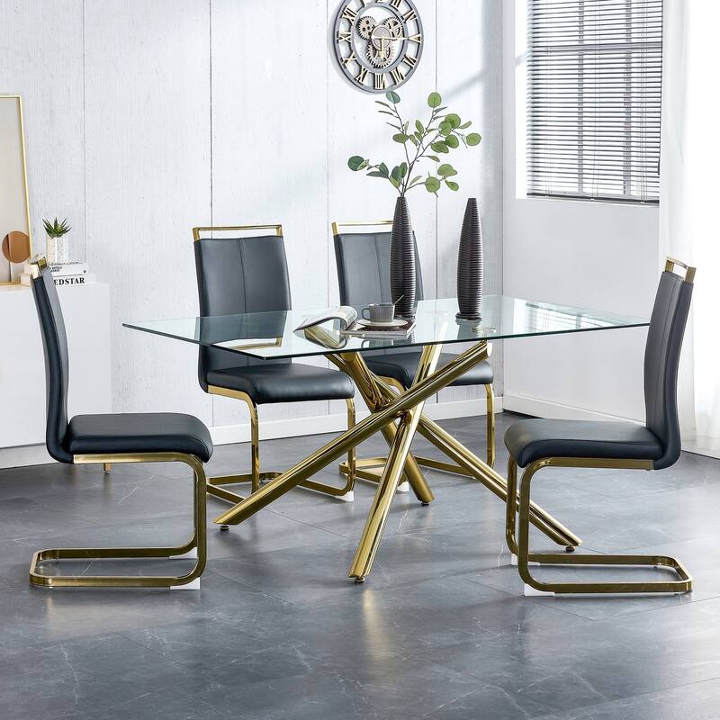 Modern PU Faux Leather High Back Dining Chairs with C-shaped Tube Chrome Metal Legs