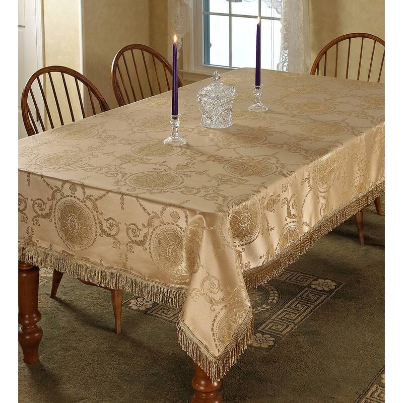 Violet Linen Prestige Medallion Damask Pattern, Polyester Jacquard, with Fringes, Tablecloth - 60" by 84" - Gold