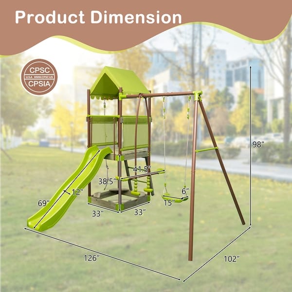 dimension image slide 1 of 2, Costway 7-in-1 Swing Set with Covered Fort Height Adjustable Swing - See Details