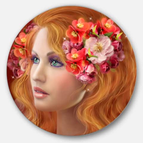 Designart 'Woman with Autumn Flowers' Portrait Digital Art Large Disc Metal Wall art