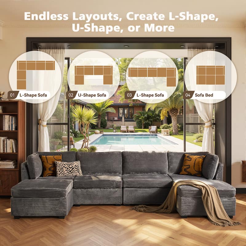 HOOOWOOO Modular U-shaped Corduroy Fabric Sectional Sofa Couch with Ottoman