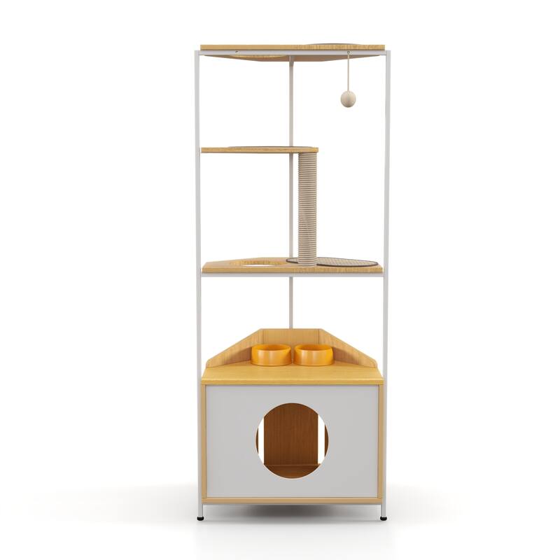 Corner Cat Tower,Cat Tree，Scratching Post,Cat Condo with Feeding Station and Climbing Platforms,Pet Furniture for Indoor Cats
