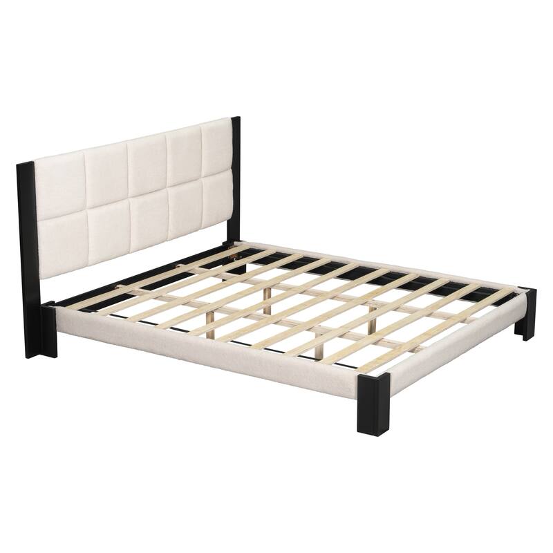 Roomfitters King Boucle Upholstered Bed Frame, Modern Platform Base with Square Tufted Headboard and Slats, Beige and Black