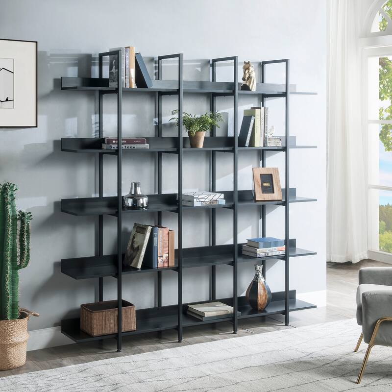 5 Tier Bookcase Home Office Open Bookshelf, Vintage Industrial Style Shelf, MDF Board, White Metal Frame - Black