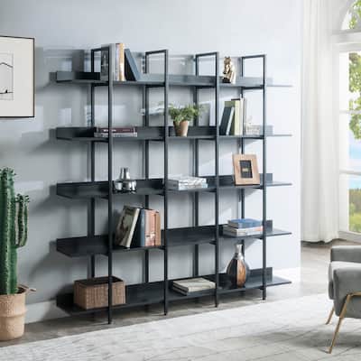 5 Tier Bookcase Home Office Open Bookshelf, Vintage Industrial Style Shelf with Metal Frame