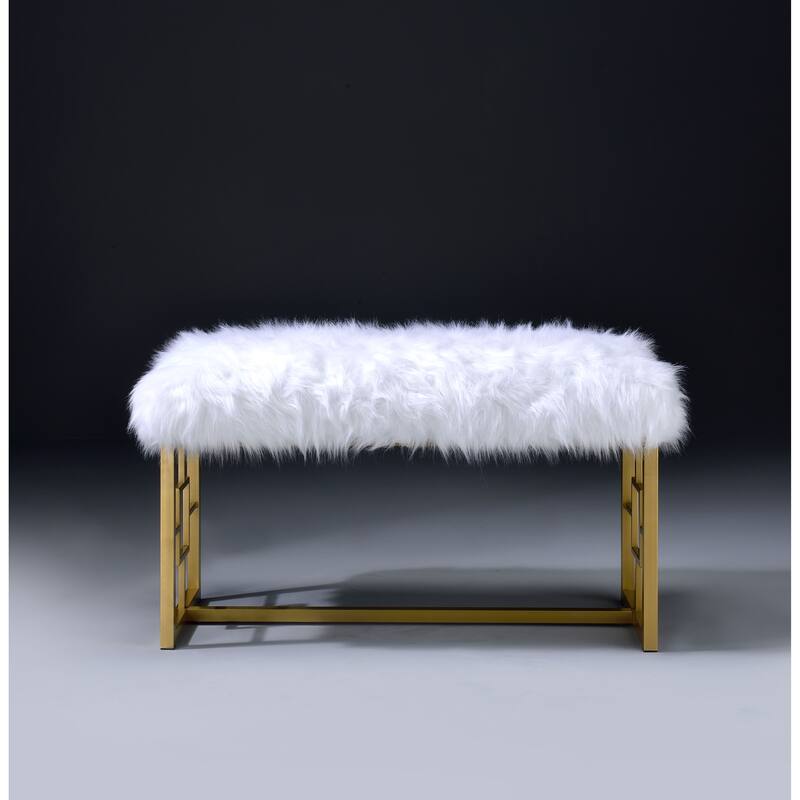 Modern Style Faux Fur Upholstered Bench with Geometrical Side Panels, White and Gold - 21 H x 17.5 W x 37.5 L Inches