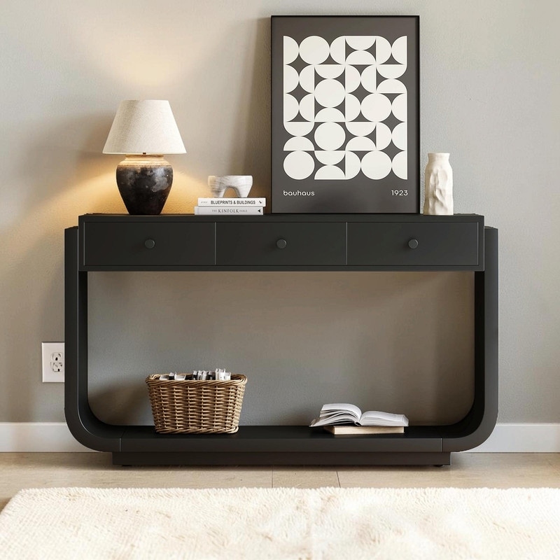 Classic Style Console Table with 3 Storage Drawers, Display Shelf and Graceful Curved Legs