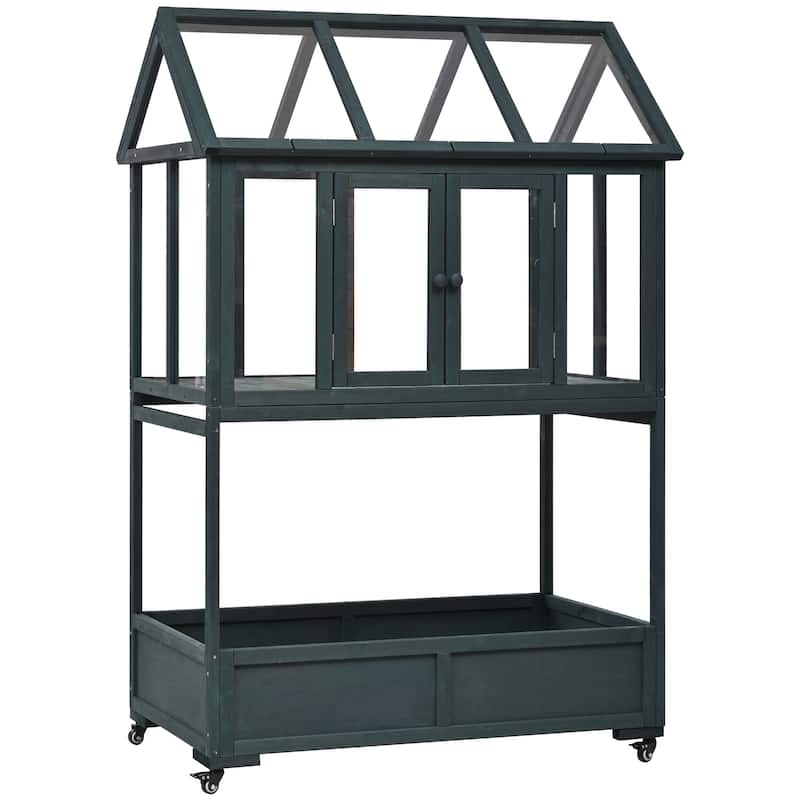 Roomfitters Portable Wooden Cold Frame Greenhouse with Wheels, Openable Roof and Storage Box for Garden Plants