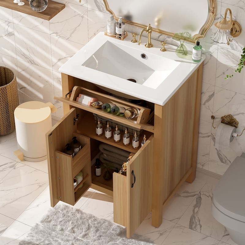 GDFStudio - Barro Transitional Freestanding Bathroom Vanity Cabinet with Ceramic Sink, Dual-Layer Rack & Soft Close Storages