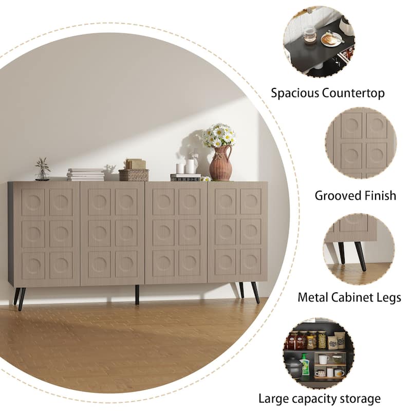 Storage Cabinet Buffet Sideboard with 4 Fluted Doors, Wood Accent Entryway Table with Adjustable Shelves